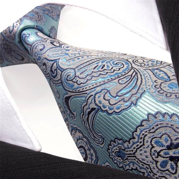 Blue Turquoise Silver Paisley DESIGN 100% SILK TIE Jacquard Woven Holographic Ne - Picture 7 of 7